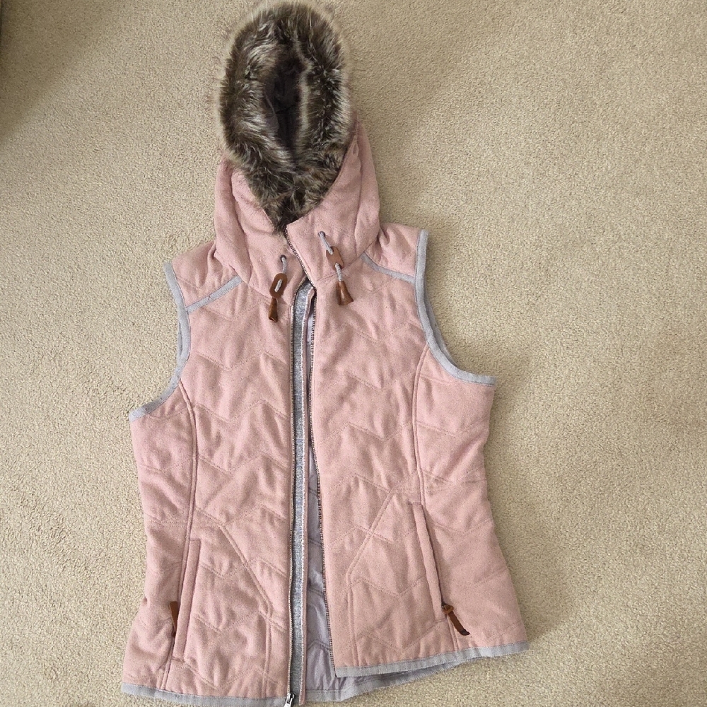 Prana Light Pink Quilted Vest with Faux Fur Removable Trim, M
